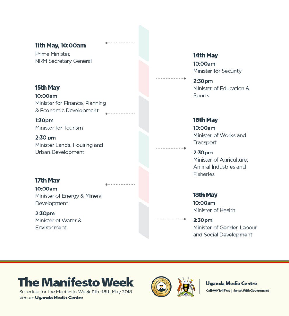 WBashaasha's tweet photo. Starting Monday 14th May, 2018, Ministers and Permanent Secretaries will address the press at @UgandaMediaCent regarding the various achievements of their ministries in regard to the current NRM Manifesto #ManifestoWeek2018 https://t.co/9SiGTv98St