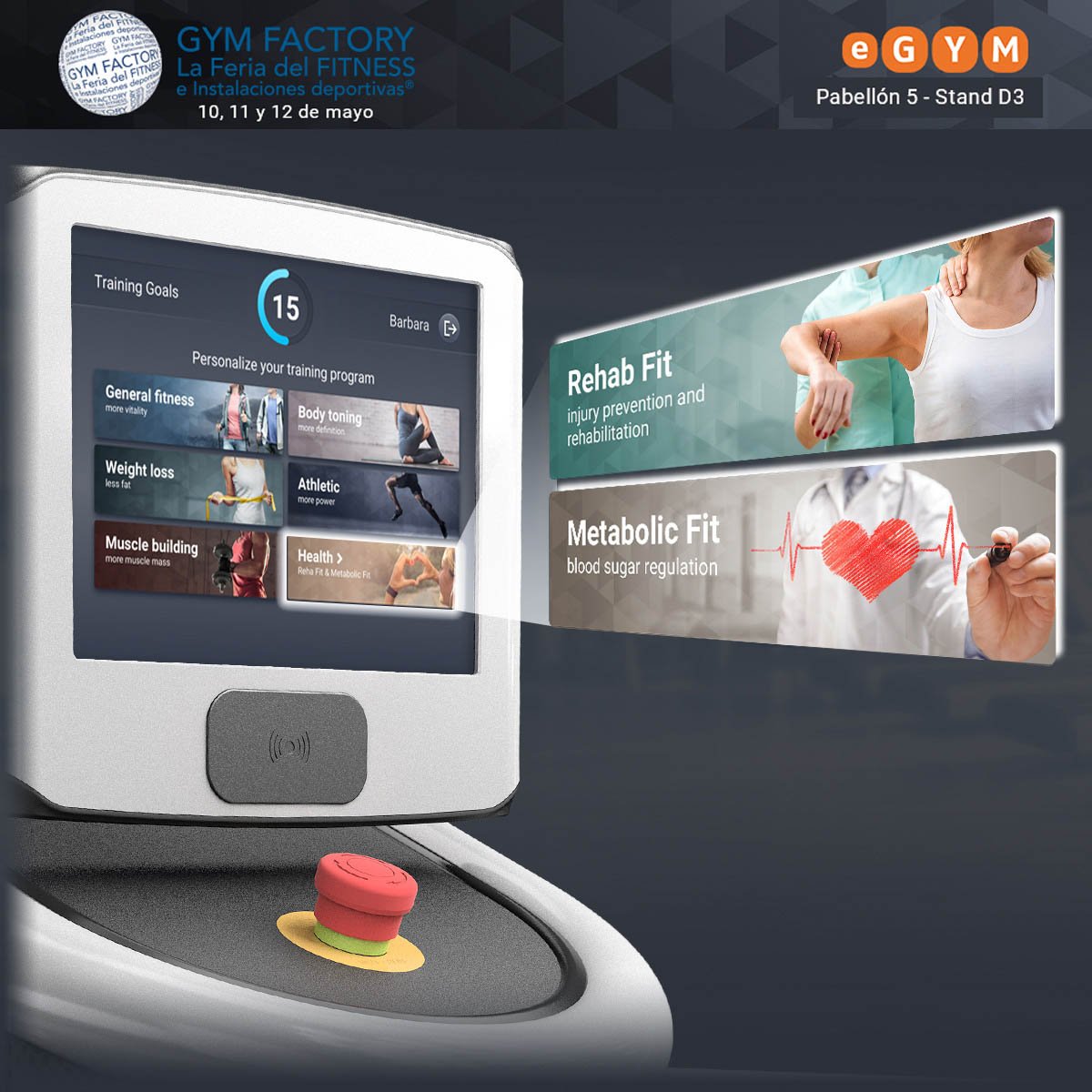 eGym ha desarrollado 7 programas de entrenamiento para alcanzar y solucionar aún más objetivos, incluido Metabolic Fit,  diseñado para reducir el nivel de azúcar en sangre de las personas que sufren Diabetes Tipo II.
Te esperamos en el Pabellón 5 - stand D3 de la Gym Factory .