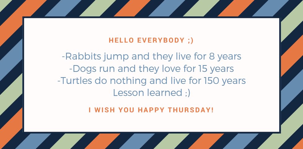 Hello Everybody🤗#Sprint18 is coming🤪
Happy Friday Eve is almost here😇
#ReasonsIGotGrounded 👇Ask and answer👇
Rabbits jump and they live for 8 years🐇
Dogs run and they love for 15 years🐩
Turtles do nothing and live for 150 years🐢
Lesson learned😊
#ThursdayThoughts💞