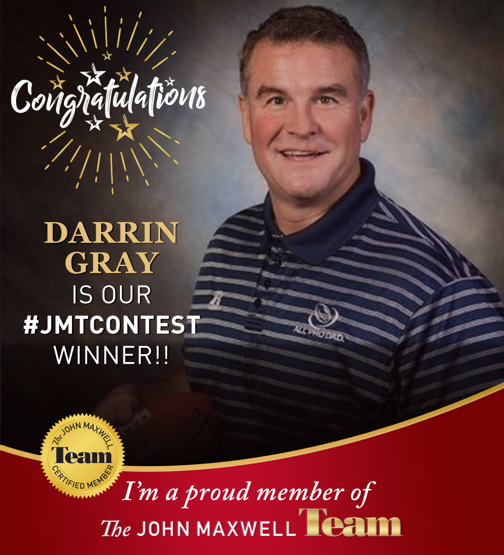 TheJohnCMaxwell's tweet photo. Congrats #JMTContest Winner Darrin Gray - @AllProDadLeader! Darrin received a full scholarship for the John Maxwell Team Certification Program + registration for the International Maxwell Certification in Orlando, Florida! Welcome to the Team, Darrin! https://t.co/c1Ypn6C2j4