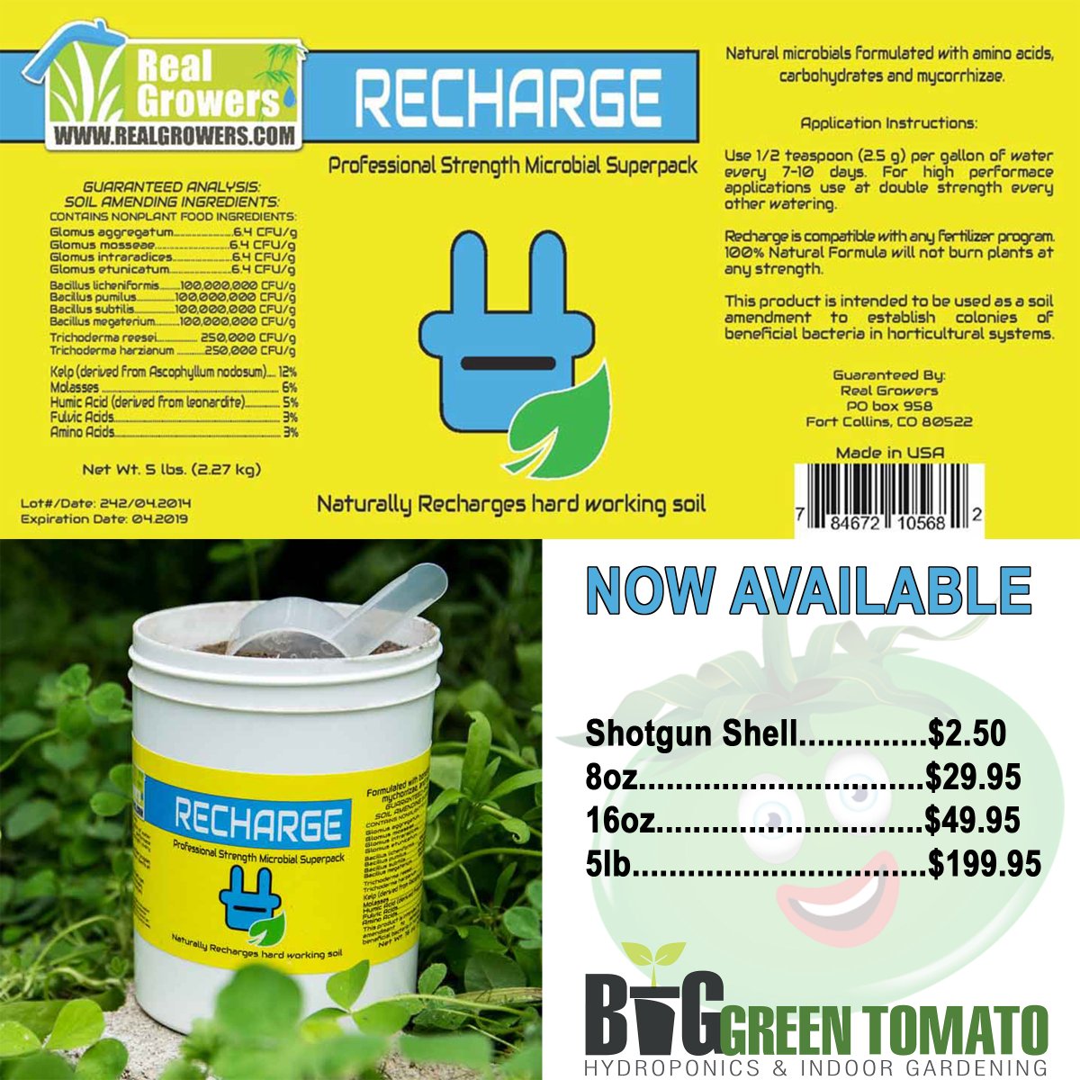 🌿 💦 💪 ***New at #BigGreenTomato! BUILD A BETTER #SOIL WITH #RECHARGE - Recharge is an #Organic #LivingSoil SuperPack that uses colonies of living soil #Bacteria & #BeneficialFungi to increase overall #Plant available #Nutrition.
