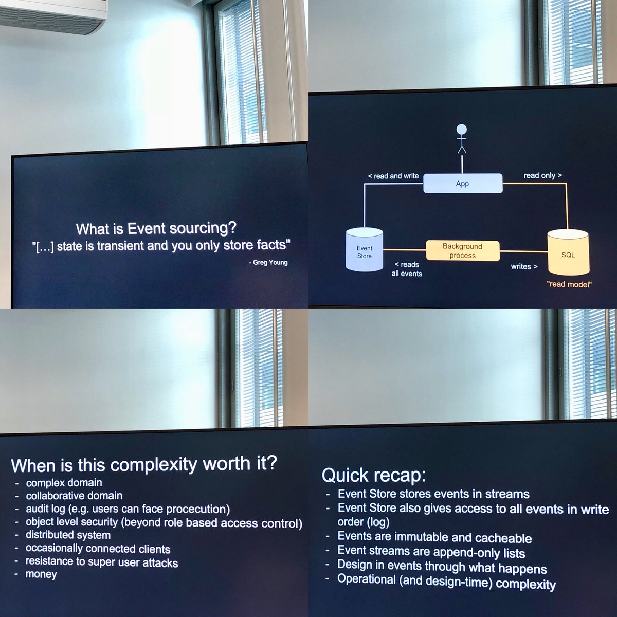 walokra's tweet photo. Dev track at #Gonference continues with #EventSourcing and #EventStore functional database by Joonas Koivunen. Benefits like time travel debugging, auditing, replaying events for i.a. new business value. Other options: Kafka, Cassandra, SQL. What about schema changes? #GoforeCrew https://t.co/9WzlM7Nk8z
