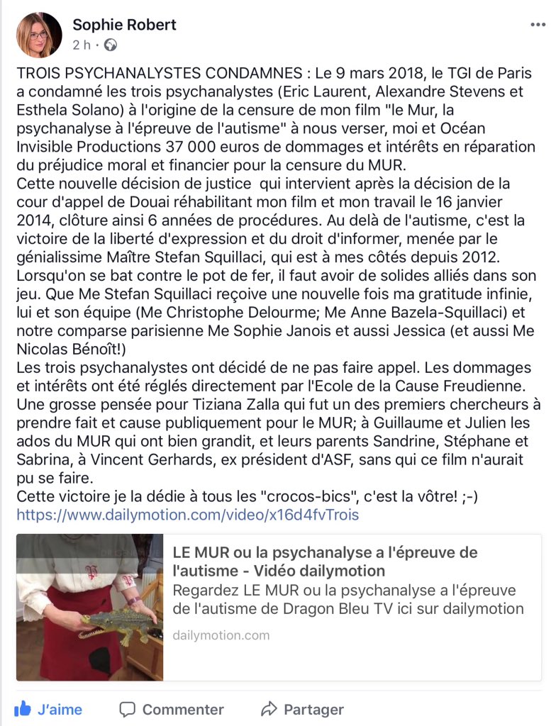 And the winner is…
Victoire et dédommagement pour le #film "le Mur, la psychanalyse à l'épreuve de l'#autisme" de Sophie ROBERT <a href="/DragonBleuTV/">Dragon Bleu TV 🐉</a> cc <a href="/JanoisAvocat/">Maître Sophie Janois</a> 
À visionner ici 👉🏼📹dailymotion.com/video/x16d4fvT…