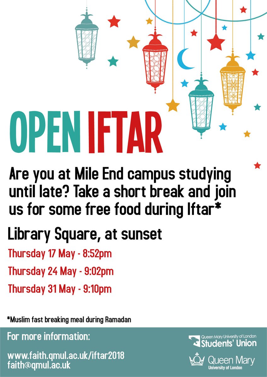 Free open Iftar events, starting from next Thursday - please join in with the Muslim fast breaking meal at sunset - Library square, whether fasting or not, all welcome. <a href="/QMSU/">Queen Mary Students' Union</a> <a href="/QMLibrary/">QMUL Library</a> @QMUL_ResLife <a href="/QMSUsocieties/">QMSU Societies</a> #QMULopeniftar #Ramadan #QMULexams