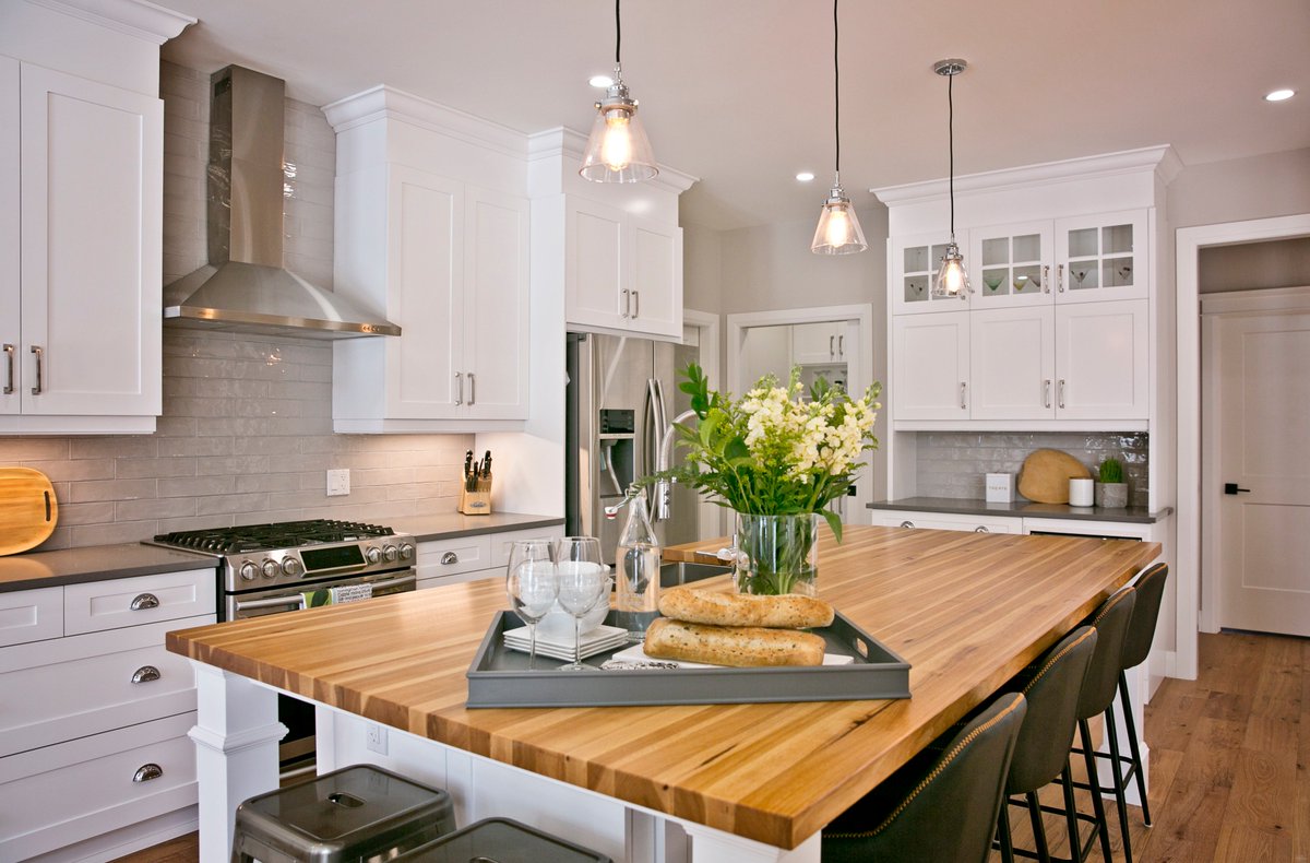 We had so much fun helping with the design &amp; then bringing in some decor for this new build in #ptbo . We loved that we could add some natural elements to compliment the incredible butcher block by Canadian Butcher Block Company #interiordesign #interiordecor #lovelocal