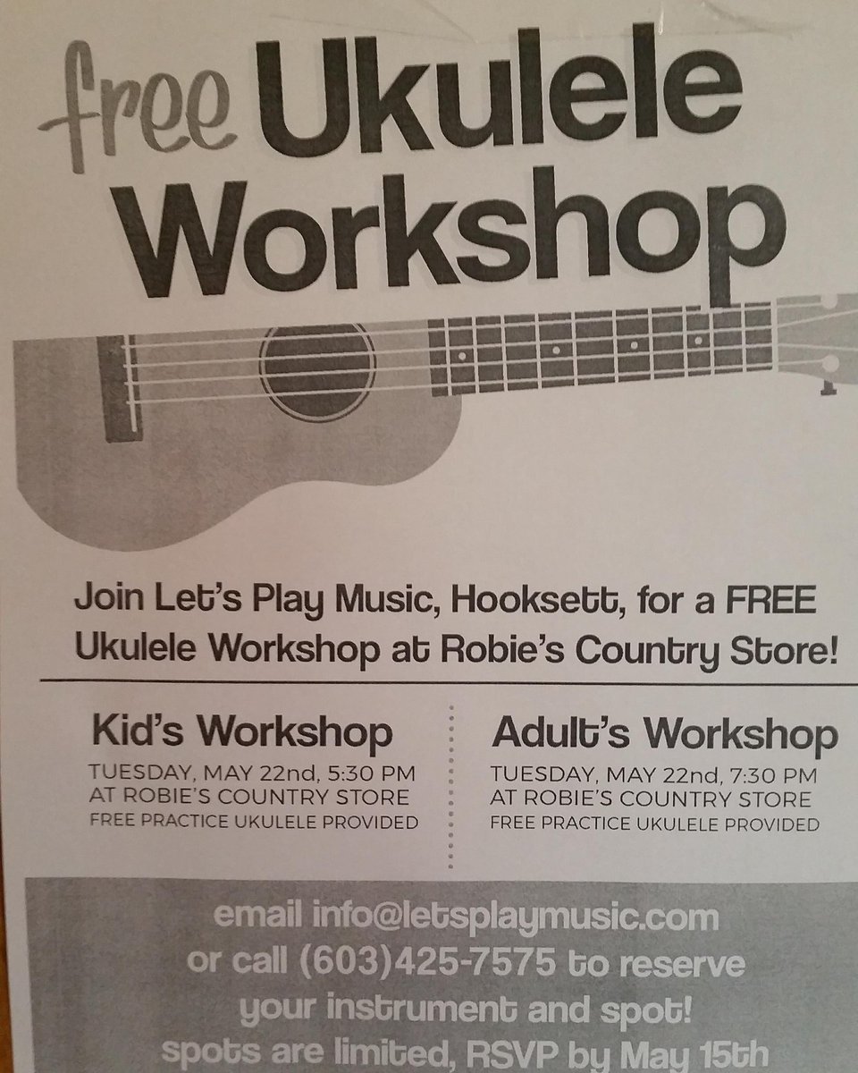 Have you ever wanted to try a new instrument?  Here is your chance! Free Ukulele workshop right here at Robie's!  Fun for all ages with two workshops on May 22nd.  Sign up today and come enjoy a day of music with us!
#ukulele #musicworkshop #hooksettnh #letsplaymusic 🎵🎵🎵