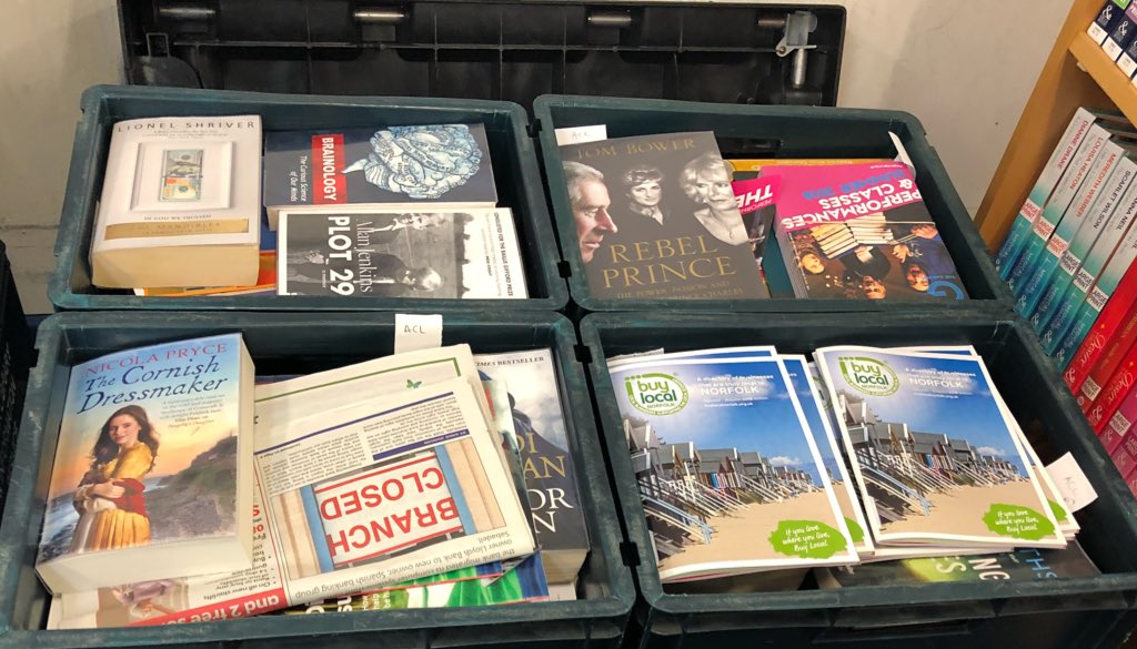 Kate_Newey's tweet photo. The scene that greeted me when I got into work this morning! Book drop + 8 box delivery + single staffing = a nightmare! Never mind shelf checks, reports, exceptions, shelving, emails, phone calls &amp; serve customers? #libraries #staff #services #stretchedtothemax 😔 https://t.co/tMSQBS6F2u