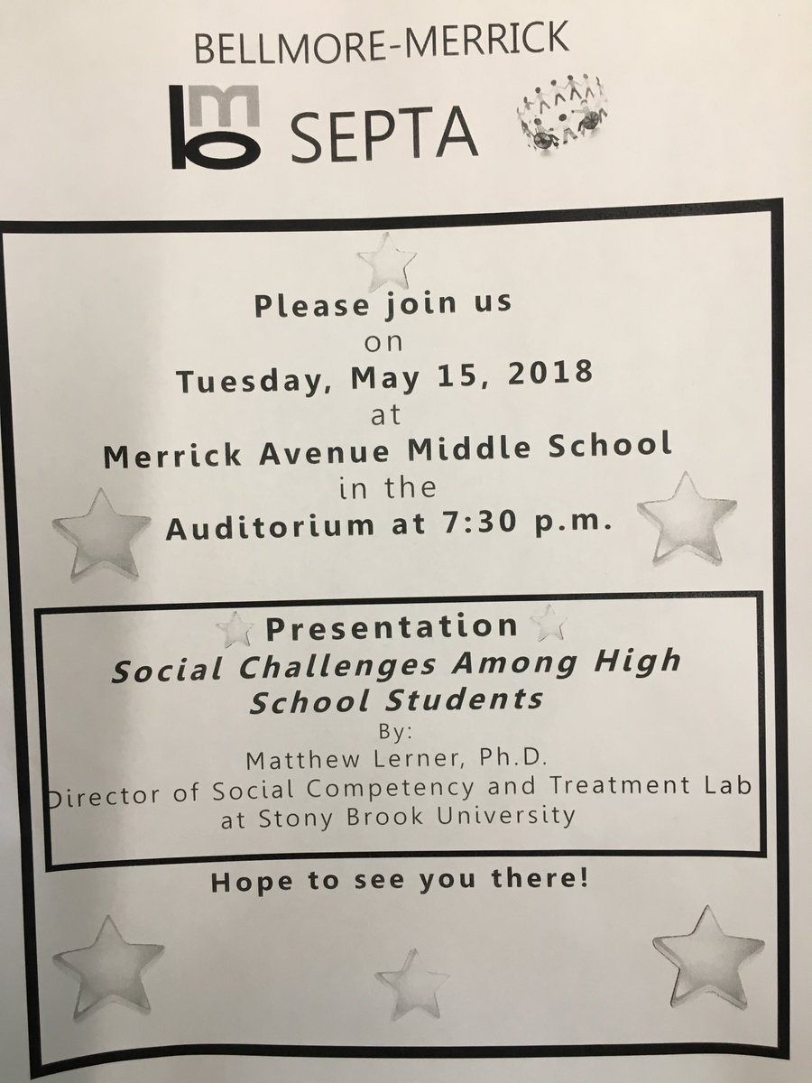 CherylGitlitz's tweet photo. Please join SEPTA 
on
Tuesday, May 15, 2018 
at
Merrick Avenue Middle School 
in the 
Auditorium at 7:30 p.m.
New Directions in Understanding and
Supporting Social Competence on the Autism Spectrum
@MAMSPRIDE@@BellmoreLife @SEPTA @JFK_PTA @MephamHS @CalhounHS @CalhounPTSA https://t.co/Tvv8a4ZZKt