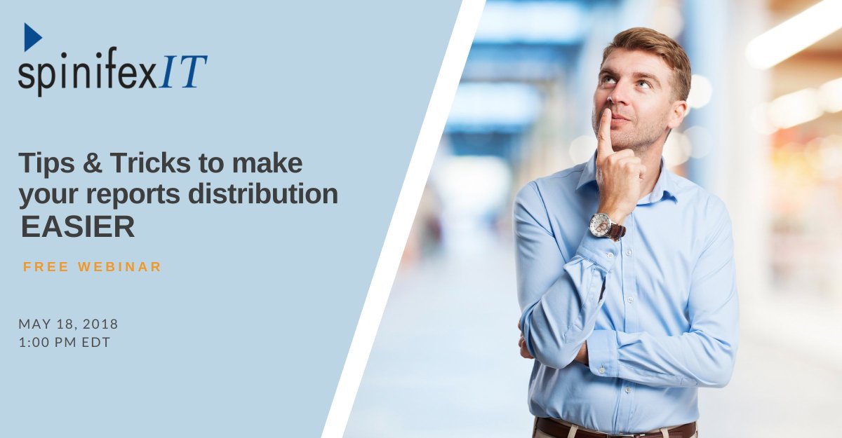 SpinifexIT's tweet image. Struggling when it comes to distributing your reports and documents? SpinifexIT makes this process smoother with our solutions&apos; various distribution options. Join our webinar to discover how SpinifexIT solutions can help: goo.gl/dGqdz5 #webinar #reportdistribution