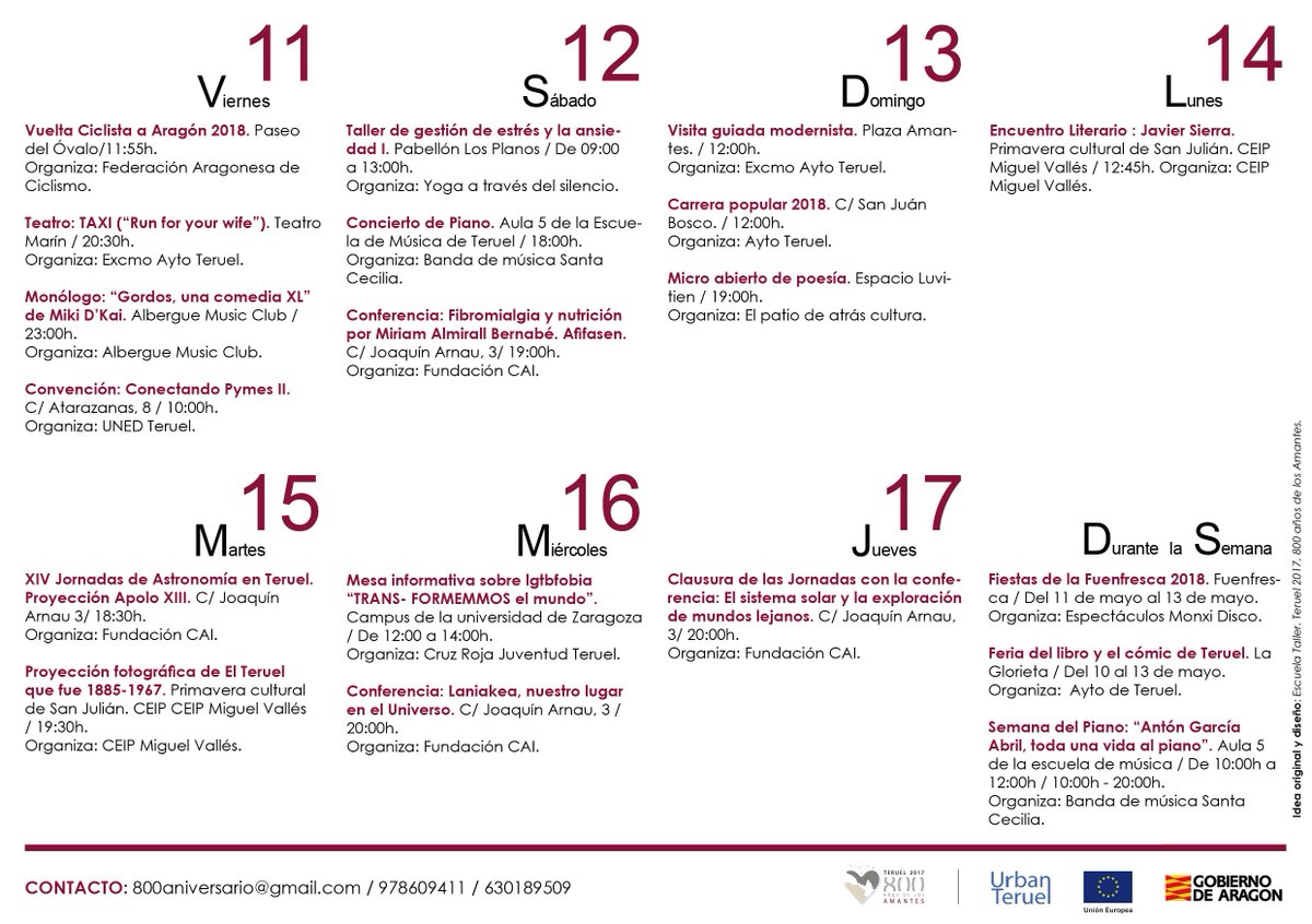Teruel2017's tweet photo. ¡Hola de nuevo!

Como cada semana aquí esta la #Agenda800 con todos los eventos de la semana. 

¡Si estáis aburridos es por que queréis! https://t.co/snVountJul