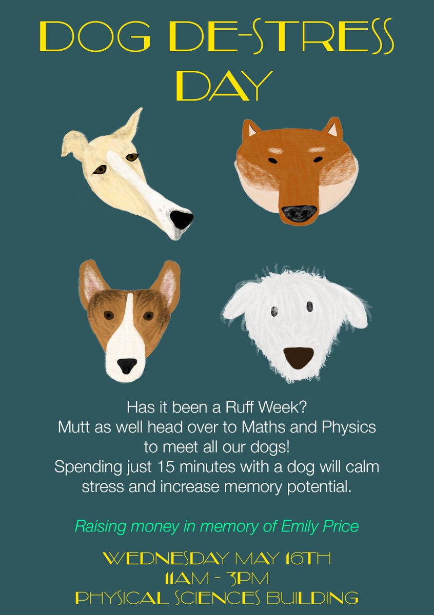 Come along to a Dog De-Stress Day next Wednesday to take a break from the #exam period! Money raised will go to a scholarship set up in memory of Emily Price. 
justgiving.com/crowdfunding/e…