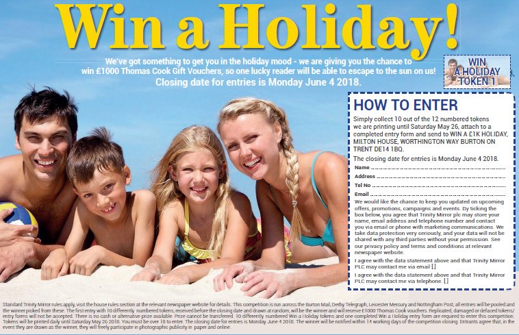 DerbyTelOffers's tweet image. Win £1000 Thomas Cook vouchers!  From Monday May 14 in the #DerbyTelegraph token-collect promotion, ts&amp;amp;cs apply #Win #Competition #Holiday