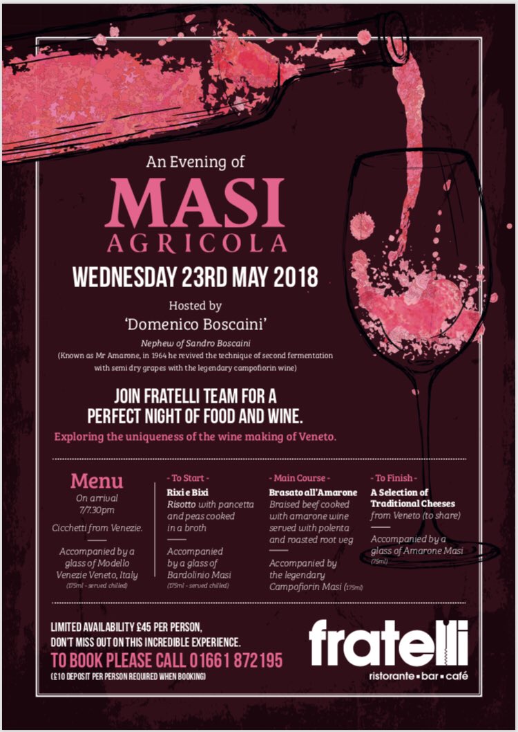 Who is fancying a night wining and dinning?? Why not come down and enjoy our evening of MASI! 4 courses  each with a glass of MASI wine and hosted by the nephew of Mr Amarone!! Call us on 01661872195 to book a table limited spaces available all for just £45pp #bonappetit