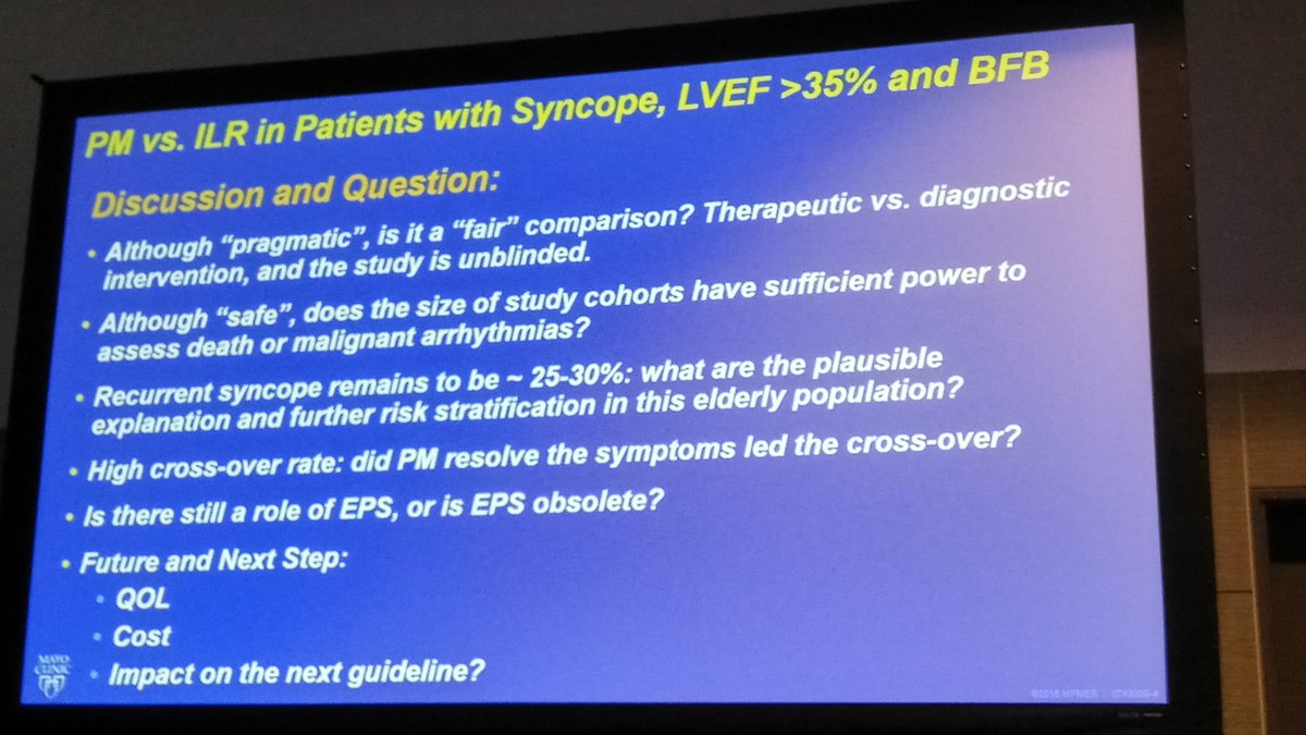 Older patients with syncope and bifascicular block: pacemaker does not prevent syncope, does prevent actionable bradycardia. #HRS2018
