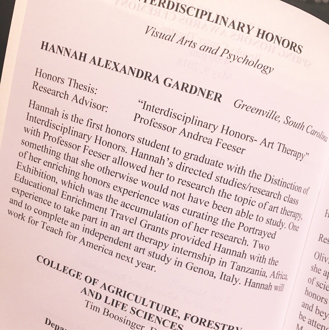 Clemson Visual Arts (@clemsonvisarts) on Twitter photo So proud to witness our BFA candidate, Hannah Gardner be recognized for her research at the <a href="/ClemsonUniv/">Clemson University</a> <a href="/ClemsonHonors/">Clemson Honors</a> Awards Ceremony last night. #clemsonarts So proud to witness our BFA candidate, Hannah Gardner be recognized for her research at the <a href="/ClemsonUniv/">Clemson University</a> <a href="/ClemsonHonors/">Clemson Honors</a> Awards Ceremony last night. #clemsonarts