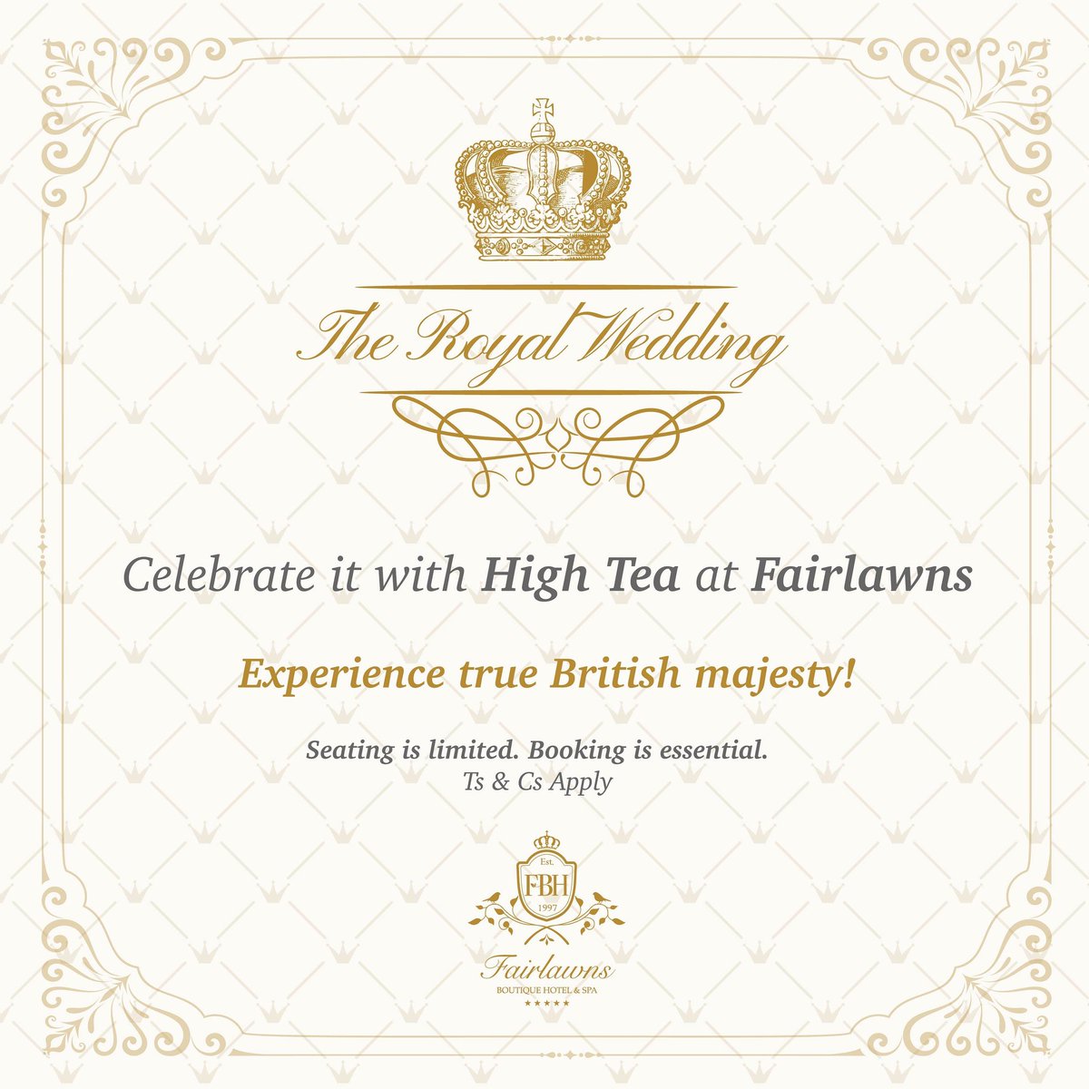 fairlawnsboutiq's tweet photo. Join us for the most publicised date in the 2018 calendar - when Prince Harry weds Meghan Markle on Saturday, 19 May 2018.
 
The screening commences at 13h00 in the Manor House Bistro with our High Tea menu served.

#royalwedding #hightea #fivestarfun https://t.co/K6FV2JwAet
