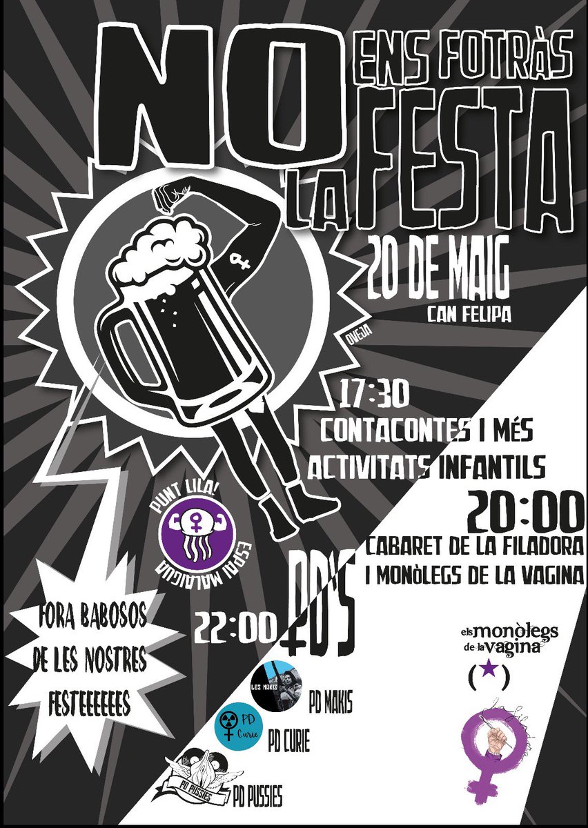 lafiladoraP9's tweet photo. 🔼 FESTA 🔼
📣 Primeres Festes de Maig de La Filadora !
La festa serà feminista o no serà! 
📅20/05
📌Can Felipa
🕑
17:30h Contacontes + activitats infantils
20h Cabaret Filadores + Monòlegs de @lesvagines !
22h PDs molt molones💪🏽
#Noensfotraslafesta
#FemBarri 💜
Mira mira👇🏽 https://t.co/Uxg3h3rxf0