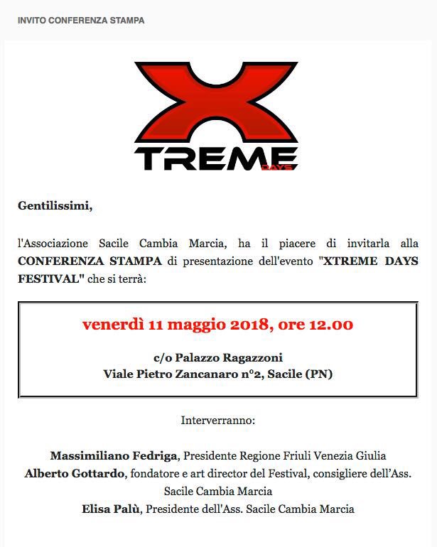 IsidoroGottardo's tweet photo. XTREME DAYS FESTIVAL presenta il nuovo grande Evento 2018 dopo i grandi successi delle precedenti edizioni. Non a caso interviene il neo Presidente del #FVG Massimiliano #FEDRIGA #SACILE2018 @M_Fedriga @staff_M_Fedriga @albertogottardo @TgrRaiFVG @gigidimeodirect @CoronaMauro https://t.co/NR5QXakX8L