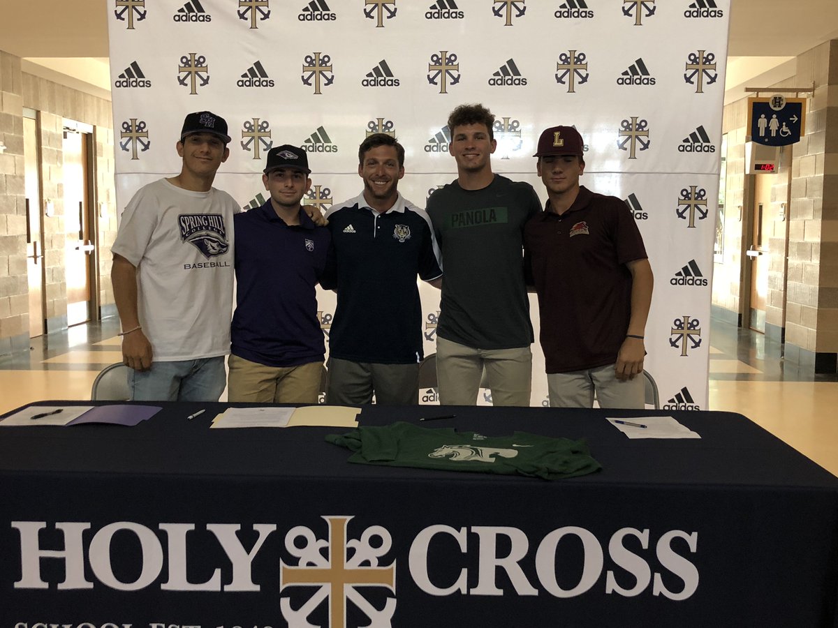HolyCrossSchool's tweet photo. Four Holy Cross seniors signed with college baseball programs yesterday. Congratulations to Alex Wiltz, who will be attending Loyola University, Chris Collet, Panola Junior College, and Frankie Timphony and Ashton Goldring, Spring Hill College. #WeAreHC https://t.co/Z3m1rVd5xj