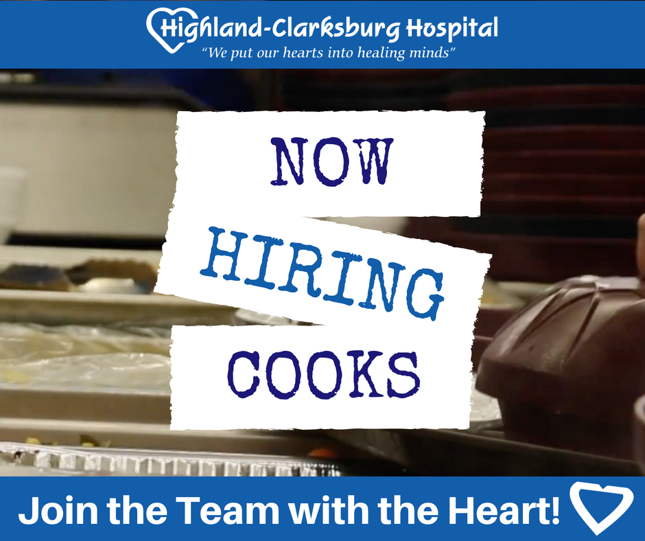 HighlandWV's tweet photo. Join the team with the heart! Highland-Clarksburg Hospital is currently hiring two full-time cooks. Positions available include a Monday-Thursday shift and a Friday-Sunday shift. Please visit https://t.co/iw5NJVPAFT to apply today! #nowhiring #hiringcooks #jobopenings #applynow https://t.co/rJ7lwrMZLk