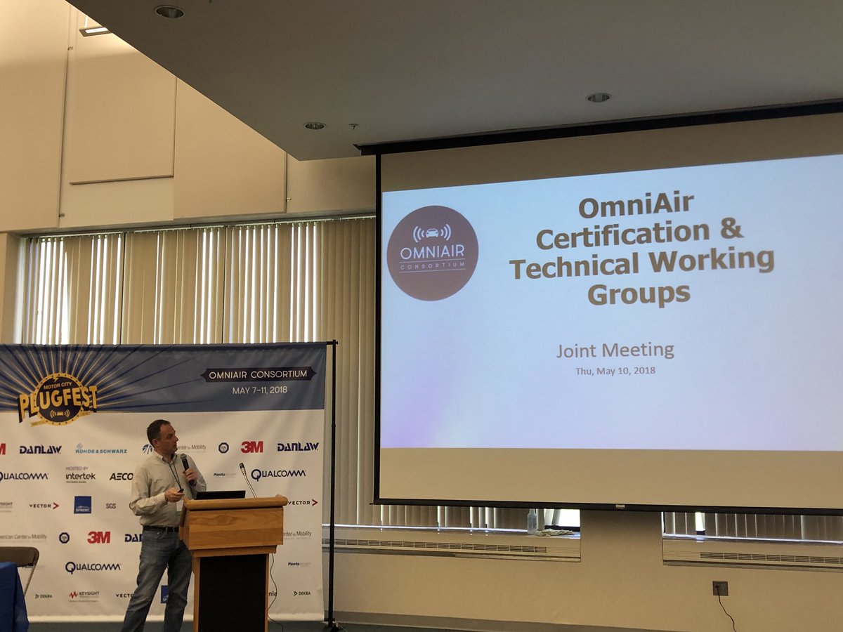 jasonmconley's tweet photo. @7LayersTweets is leading a joint meeting of @OmniAirCon Certification and Technical Working Groups. #MotorCityPlugfest #V2X #V2V #V2I https://t.co/JwiPyLxEHe