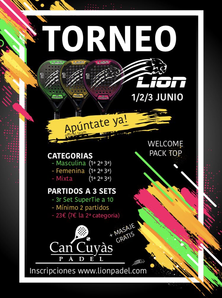 No te lo puedes perder!! Torneo de verano Lionpadel en Can Cuyas!! Organizado por el team oficial de Lion. Inscripciones en lionpadel.com te esperamos!!! #lionpadel #feelthewildside #lionpadelCanCuyas