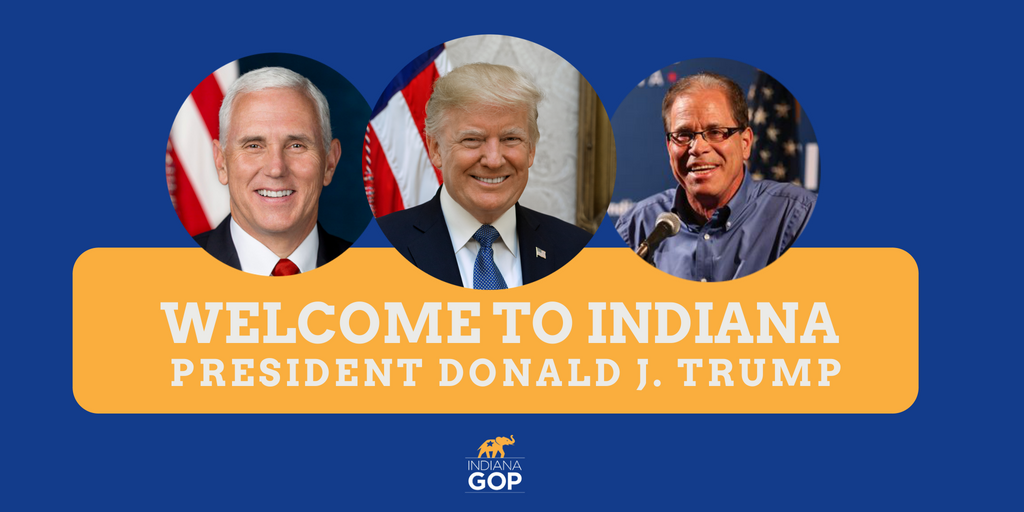 indgop's tweet photo. Welcome, President @realDonaldTrump &amp; VP @mike_pence to Indiana!

This is a state where President Trump has made history, &amp; he'll make history again tonight by standing should-to-shoulder with the @VP   &amp; our next U.S. Senator, @braun4indiana! #INSen https://t.co/9N3VDA3nZT