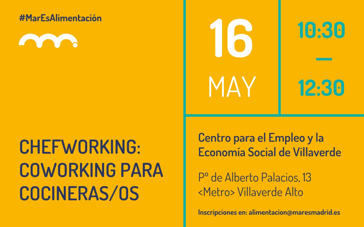 MARES_Madrid's tweet photo. 📣👩🍳¿Eres cocinera/o y necesitas afinar tu oferta gastronómica? ¡Nueva sesión del #Chefworking en #MaresAlimentación!
Miércoles, día 16, a las 10.30 en #Villaverde (Pº de Alberto Palacios, 13).
✏️Inscripciones en: alimentacion@maresmadrid.es
https://t.co/n7pVwOUNOg https://t.co/KH8Xl1zhGR