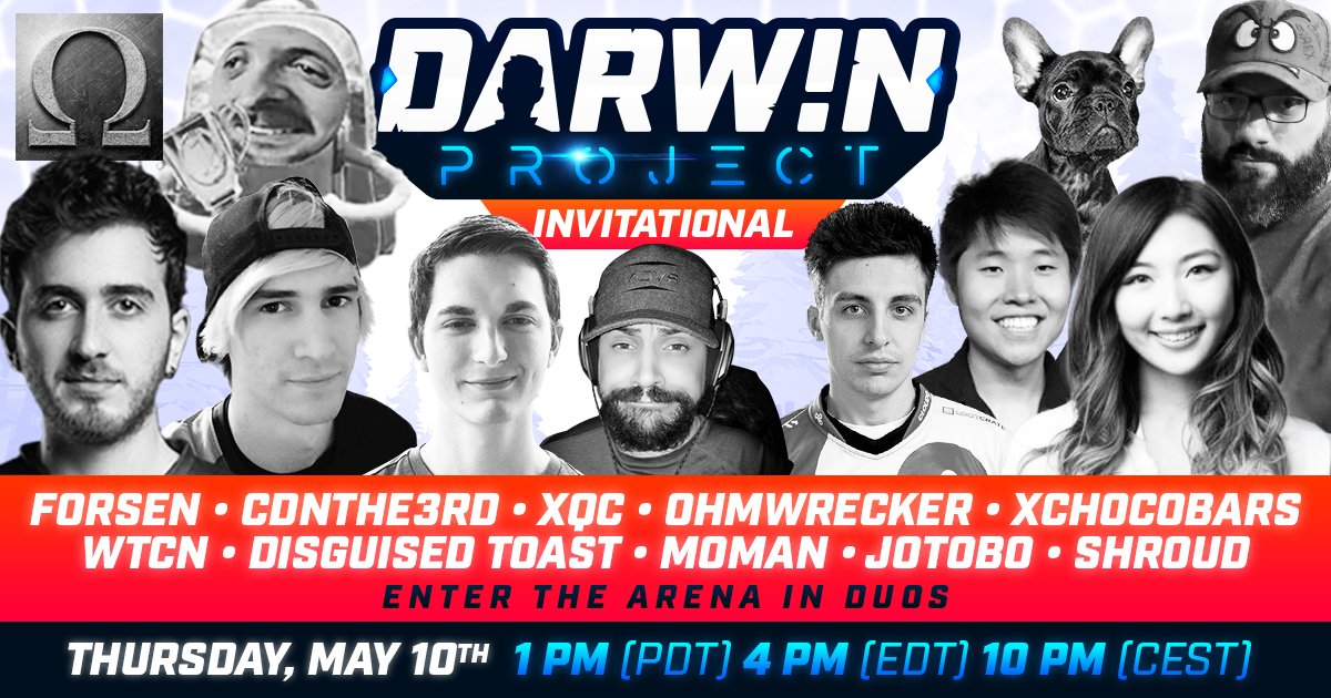 DarwinProject's tweet photo. Today's #DarwinInvitational in Duos begins in one hour! Here are all the contestants you can support with your votes by tuning in to any of their streams on @Twitch! Who are you rooting for? https://t.co/ph4Pd892Au