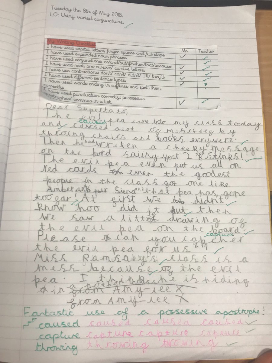year2carrwood's tweet photo. After the evil pea broke into our classroom we wrote letters to supertato asking him for help! Here are a few examples of our super writing! #supertato #writingwizards https://t.co/D69lYbfQBn