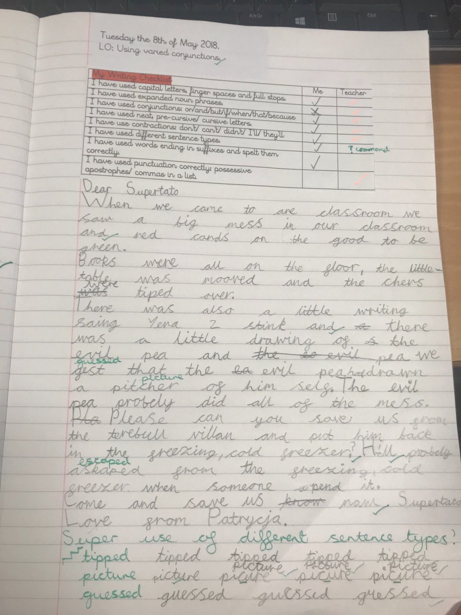 year2carrwood's tweet photo. After the evil pea broke into our classroom we wrote letters to supertato asking him for help! Here are a few examples of our super writing! #supertato #writingwizards https://t.co/D69lYbfQBn