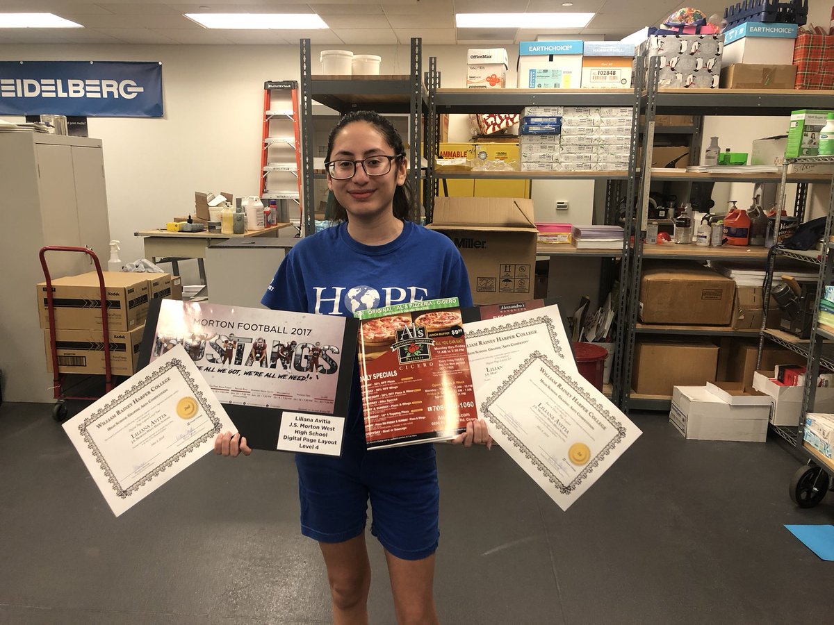 Congrats to Liliana Avitia for 2nd place Digital Page Layout level 4/5 and BEST in SHOW for her football schedule &amp; menu  @ Harper Colleges High School design competition!! Congrats to Diana Bucio for 3rd place Digital Page Layout level 1 for her calendar #MortonPride