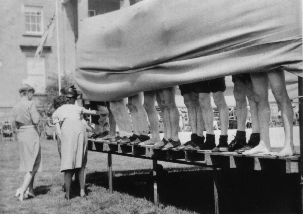 NTCroome's tweet photo. Knobbly knees contest taken outside Croome Court during the #1940s - who do you think should be the winner?

#WorcestershireHour @WorcesterTIC @malverntic  @DiscoverWorcs #sundayfunday https://t.co/gTJJzkNXcc