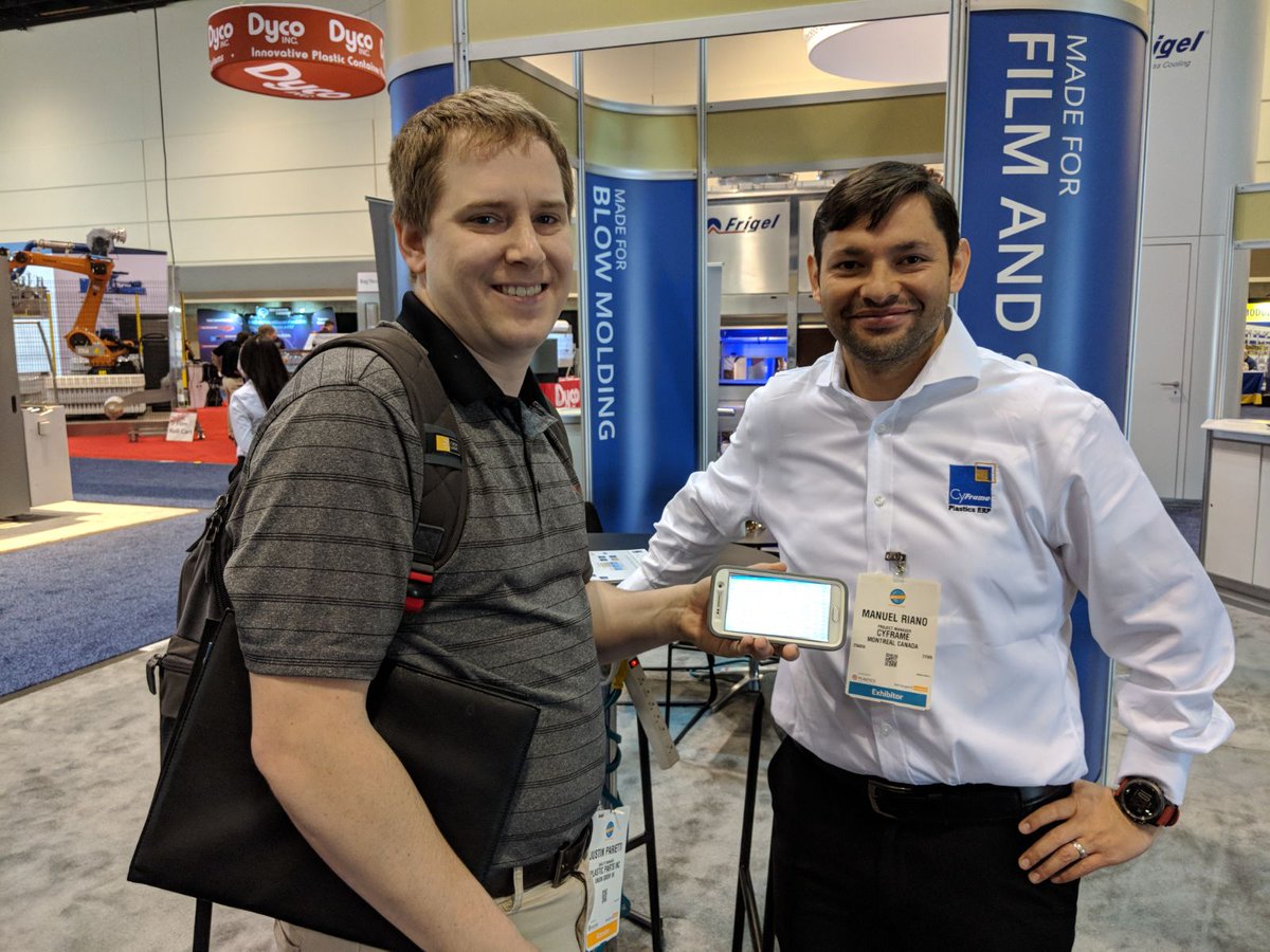 CyFrameTeam's tweet image. Injection Molder Justin Parietti of Plastic Parts Inc. showing off his live production dashboard at #NPE2018, Booth W393 #plastics