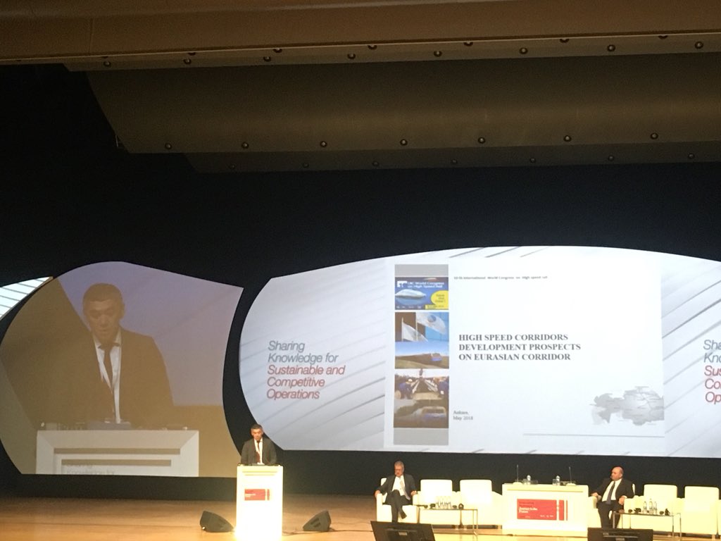 uic's tweet photo. [#rail Event] #UICrail #highspeed18 closing session. Railways from Kazakhstan 🇰🇿, Batyr Kotyrev #KTZ Chief engineer, is presenting #highspeed #corridors developments prospects on Eurasian #corridor https://t.co/eZIHkxoezg