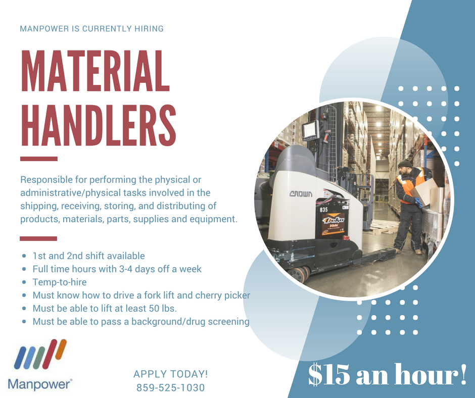Attention #Florence KY area! <a href="/Manpower_KY/">Manpower Florence</a> is currently #hiring #materialhandlers. The pay starts at $15 an hour. Come start a new #career today! Call 859-525-1030