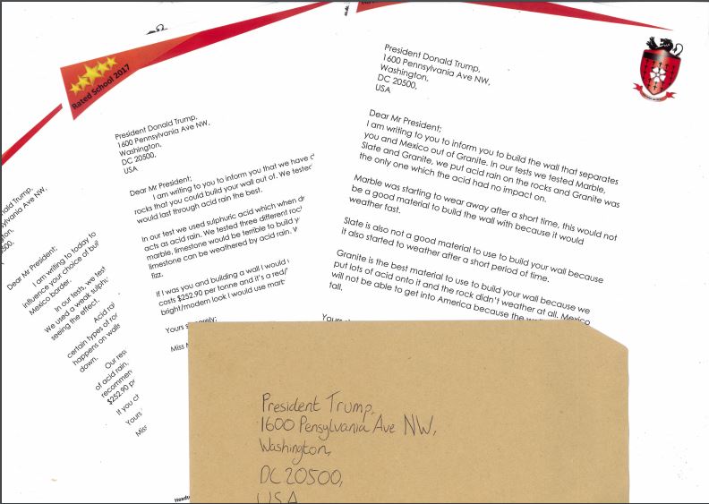 HSLC_Science's tweet image. Mr Brown's year 8's have been investigating the affects of acid rain on rocks. They have written and sent letters to President Trump to advise him on which rock he should use to build his wall. Well done to all students involved.