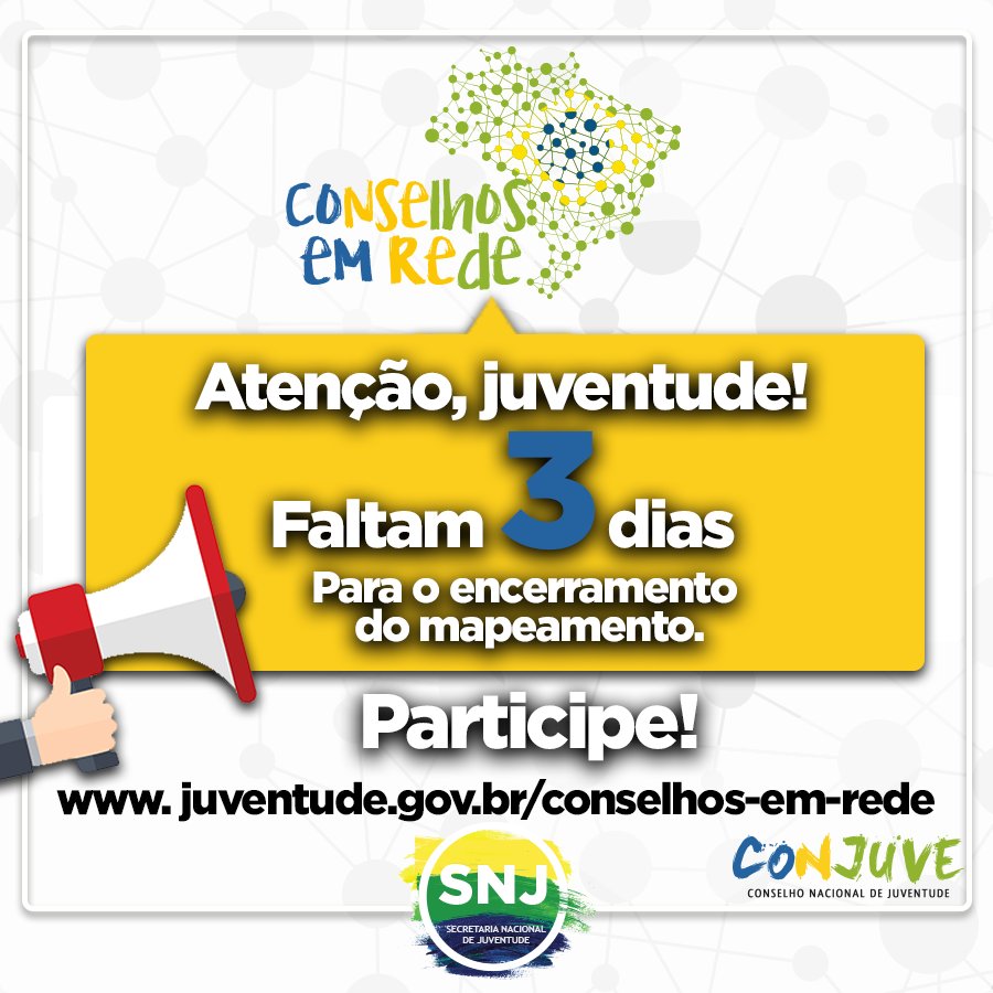 conjuve's tweet photo. Juventude, participe e nos ajude a mapear todos os conselhos do Brasil! A iniciativa faz parte da campanha #ConselhosEmRede, que tem como objetivo coletar informações sobre os conselhos de juventude. Participe até 13/05: https://t.co/jgbkDUbcm0
Mais: https://t.co/7ajcuWynOf https://t.co/eTwHHWlXxF
