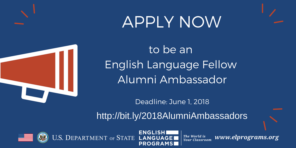 ELPrograms's tweet photo. Were you an English Language Fellow? Apply to become an Alumni Ambassador before June 1! Benefits include a trip to the #FellowPDO in DC, access to alumni-exclusive resources, discount codes for conferences, and more. https://t.co/9Tl7VdoDdM @ECAatState @exchangealumni @ECA_AS https://t.co/U44106SqSH