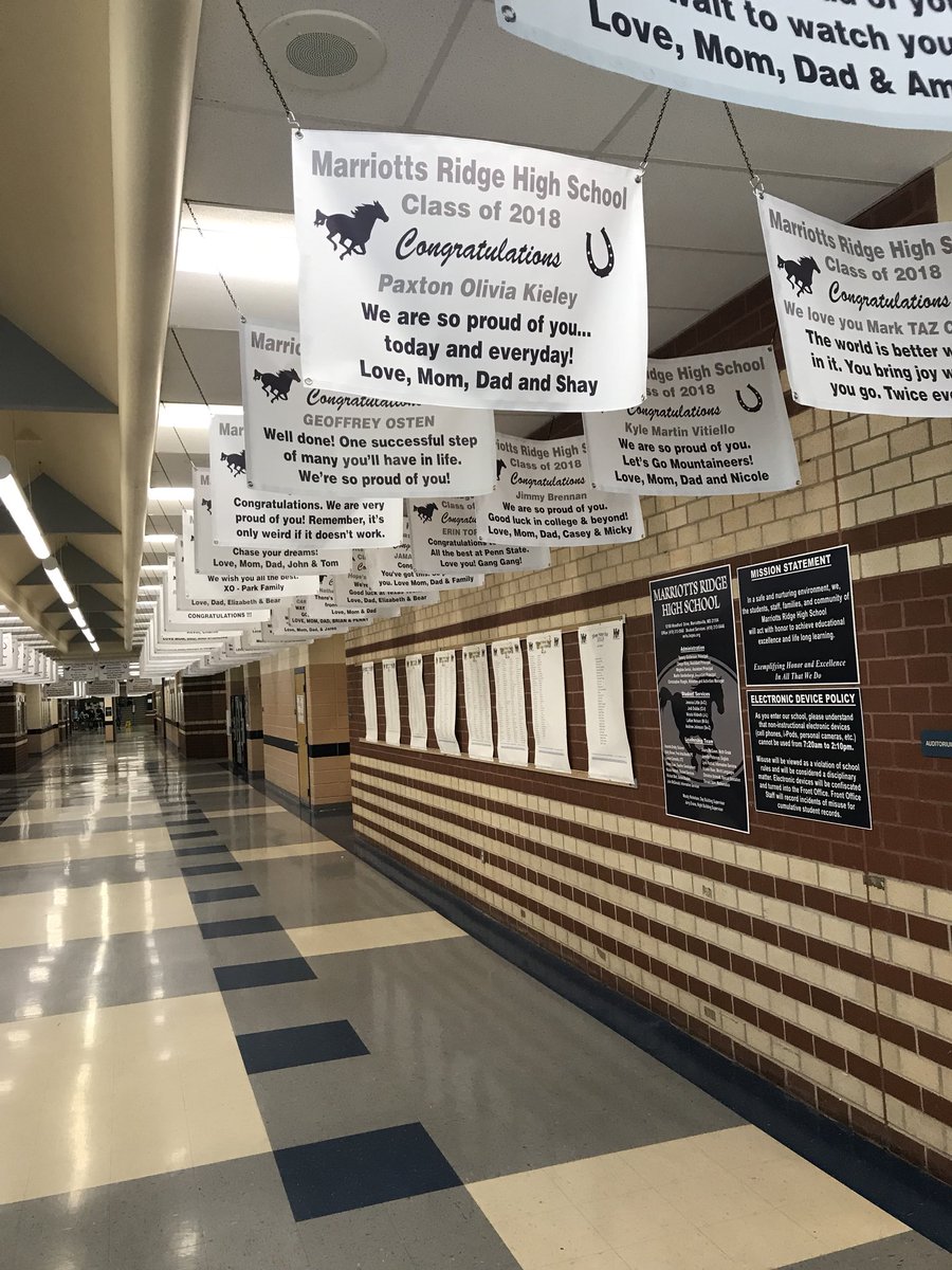 hcpss_mrhs's tweet photo. TY to our PTSA for giving senior parents a chance to buy a senior banner for their student. They grace our auditorium hallway and look amazing. https://t.co/QncrYlh78Y