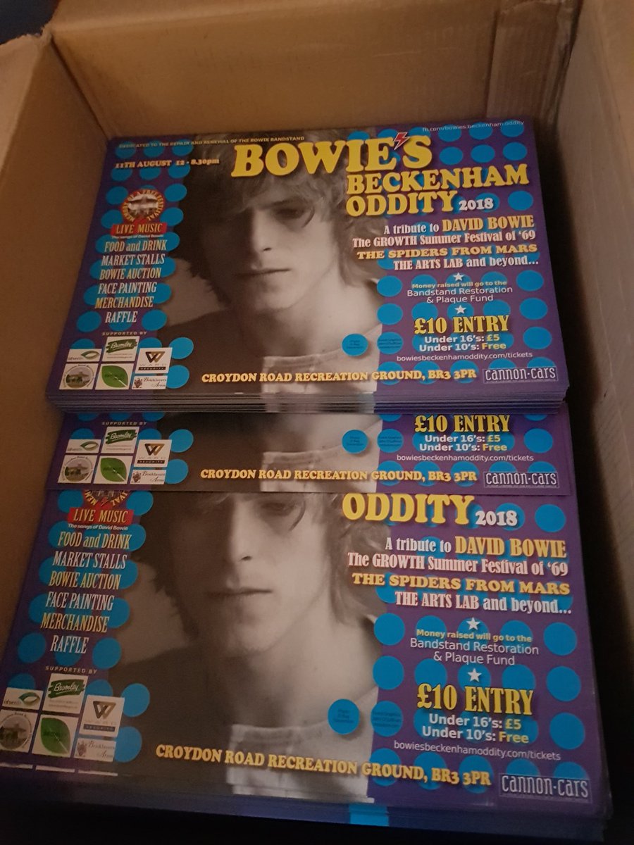 BowiesBecOddity's tweet photo. The first batch of flyers have arrived! ★ ★ ★ ★ ★ ★ ★ ★ 
Get your tickets now from...https://t.co/TUYzBsF9Xb
#DavidBowie
#BowiesBeckenhamOddity
#TheGrowthSummerFestivalAndFreeConcert #BowieBandstand #Beckenham #BeckenhamArtsLab https://t.co/SVDhVB4bpG