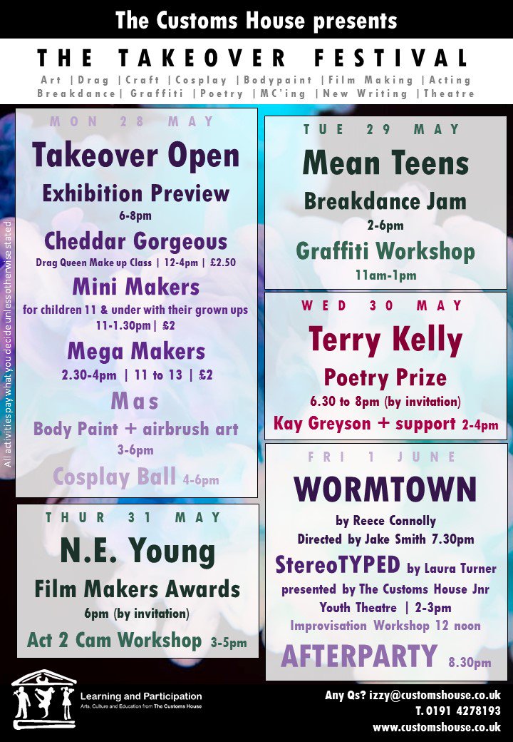 CustomsHouseLP's tweet photo. We are delighted to announce the full programme for The Takeover 2018 our Youth Arts Festival @thecustomshouse. For more information including details of how to book seehttps://www.customshouse.co.uk/full-programme-announced-the-takeover-2018/ https://t.co/UgzQohDHBX