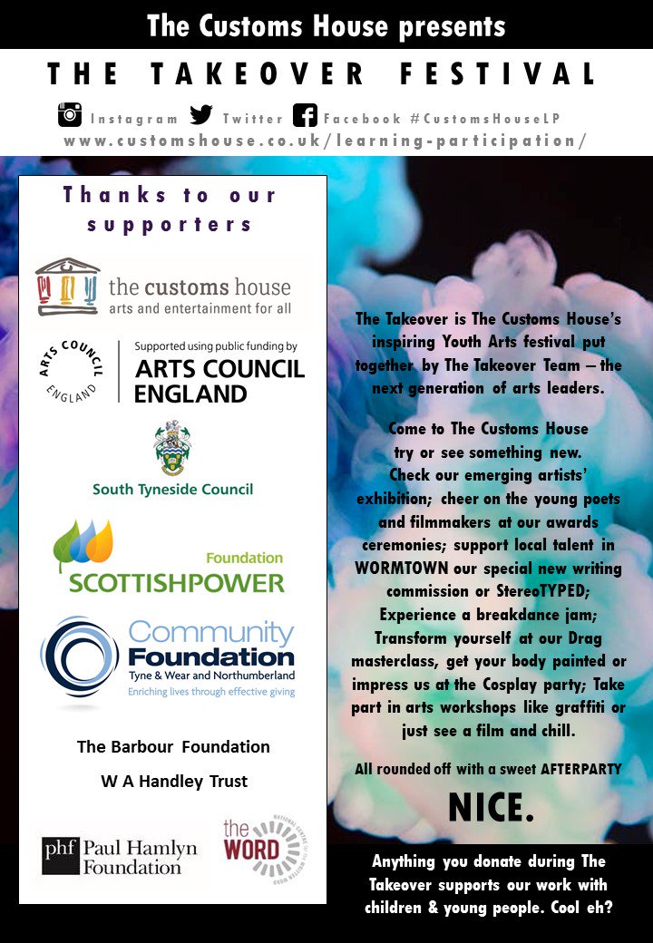 CustomsHouseLP's tweet photo. We are delighted to announce the full programme for The Takeover 2018 our Youth Arts Festival @thecustomshouse. For more information including details of how to book seehttps://www.customshouse.co.uk/full-programme-announced-the-takeover-2018/ https://t.co/UgzQohDHBX