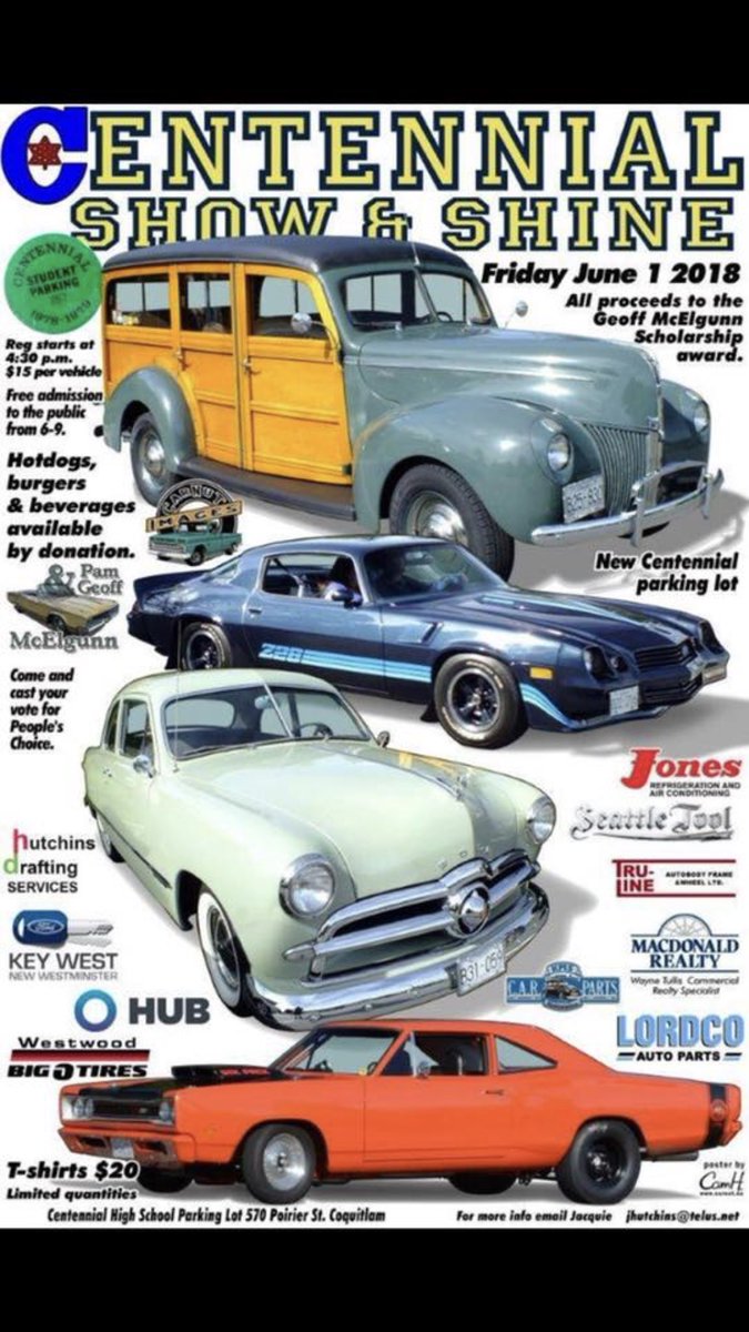 BigPoppaPuck's tweet photo. It’s time for 8th annual Centennial Show &amp; Shine!!!  Friday June 1st @ the NEW Centennial in Coquitlam. Also happy my company, Hub International is 1 of the sponsors this year!  Looking forward to another great turnout!! ALL proceeds go the Geoff McElgunn (my dad) scholarship!! https://t.co/jTYpHrFNX2