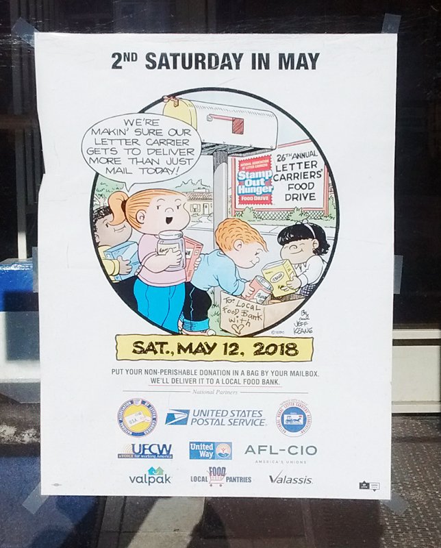 jim_keefe's tweet photo. @ComicsKingdom @USPS @DottedLines Comic strips in the wild. Jeff Keane's Family Circus promoting the 26th Annual Letter Carriers' Food Drive at the local Post Office. #StampOutHunger https://t.co/96UejnbFv5 https://t.co/SrqafCl1qL