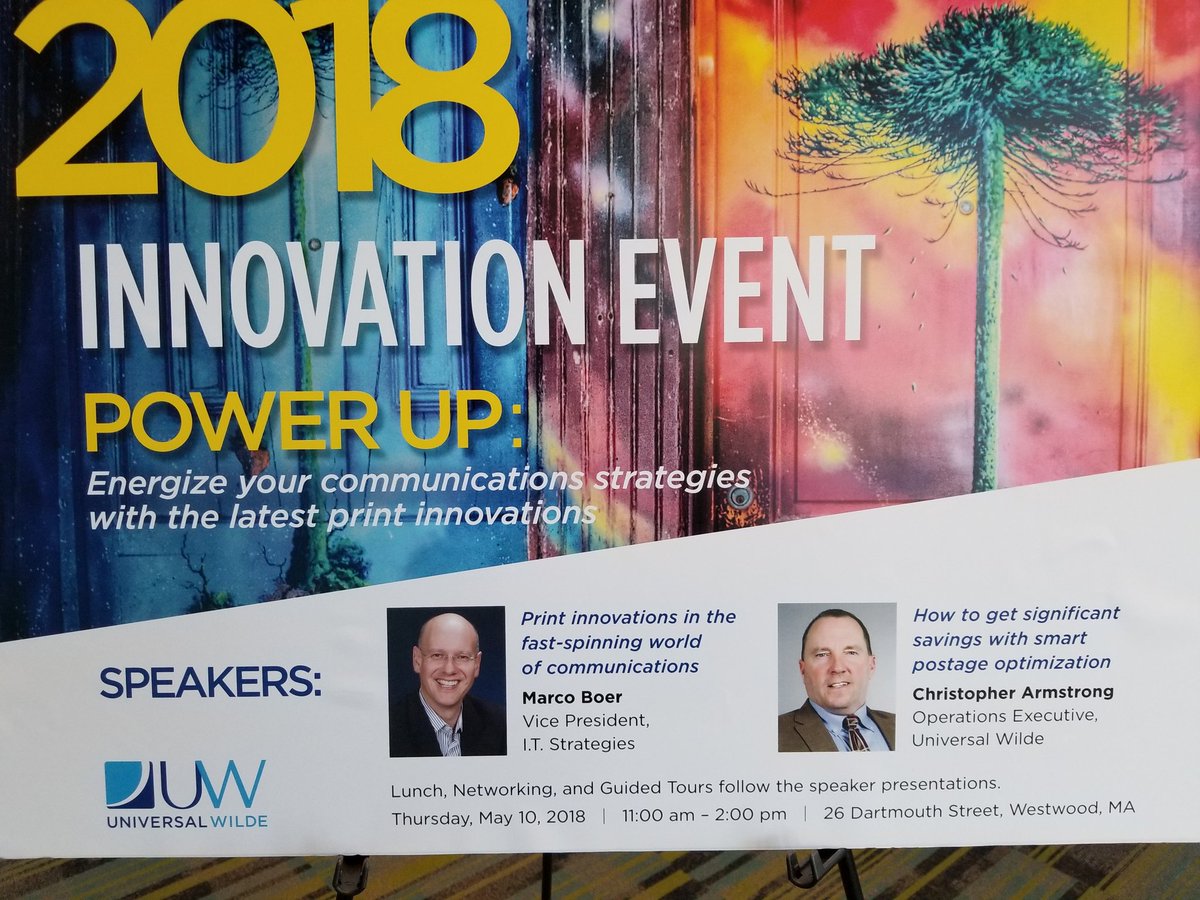KenKraetzer's tweet photo. Glad to be in Westwood, MA at @UniversalWilde for their "Power Up, with Latest Print Innovations" event.  Our host is @liannewade first speaker is Marco Boer of I.T. Strategies @cbsiservices https://t.co/Zm5cCaBjCw