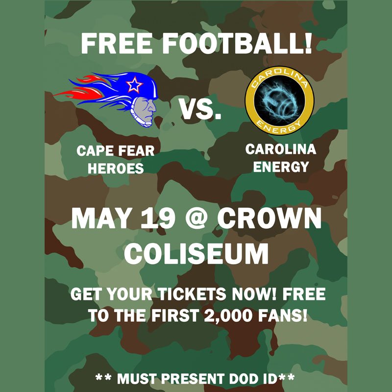 CrownComplexNC's tweet photo. FREE tickets to see the @CapeFearHeroes for the last home game of the season! All military and their families can come -- simply bring a DoD ID to the Box Office or Leisure Travel Services on #FortBragg #FortBraggNC  @FortBraggPAO #FayettevilleNC Help us spread the work &amp; RT! https://t.co/ohnEb84UZ9