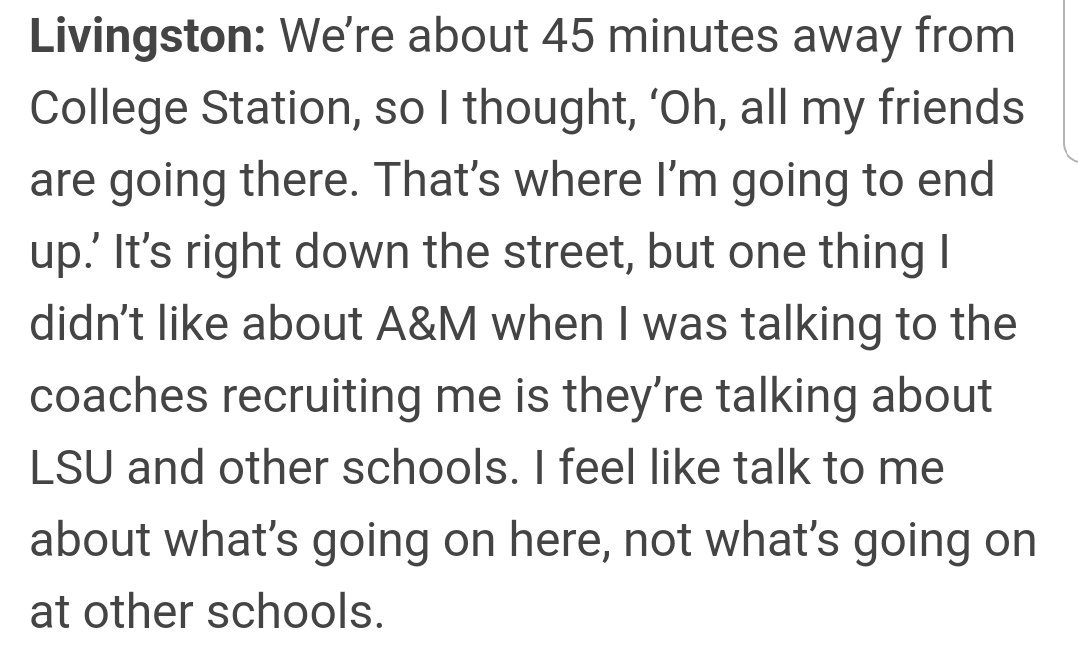 TexasWorldOrder's tweet photo. Jimbo's recruiting approach as explained by LSU commit Dominic Livingston.(credit SEC Country)

Once again, not surprisingly, the last thing Jimbo and his staff try to sell is Texas A&amp;M University. https://t.co/oIu8kFJoI8