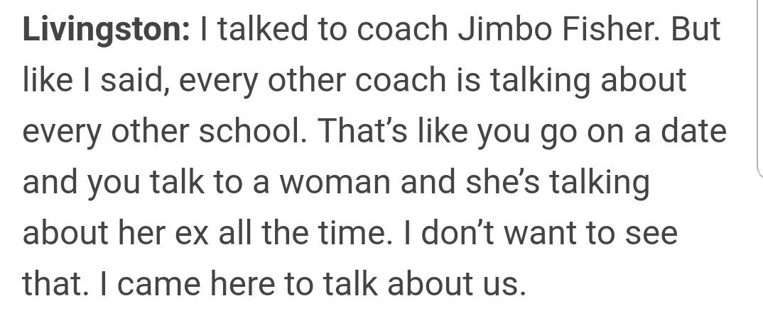 TexasWorldOrder's tweet photo. Jimbo's recruiting approach as explained by LSU commit Dominic Livingston.(credit SEC Country)

Once again, not surprisingly, the last thing Jimbo and his staff try to sell is Texas A&amp;M University. https://t.co/oIu8kFJoI8