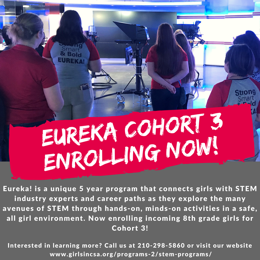 GirlsIncSATX's tweet photo. Eureka! encourages girls to explore the world of STEM careers and make a plan for their future.  Do you know a girl entering 8th grade who loves Science, Technology, Engineering, or Math?  Visit our website to learn more! https://t.co/z9I5qmBIpV https://t.co/sljPwaT26T